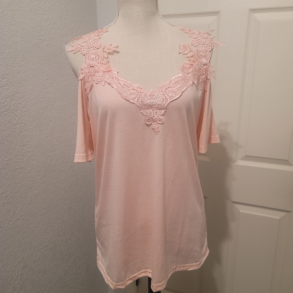 Lace Trim Cold Shoulder Top - Light Pink